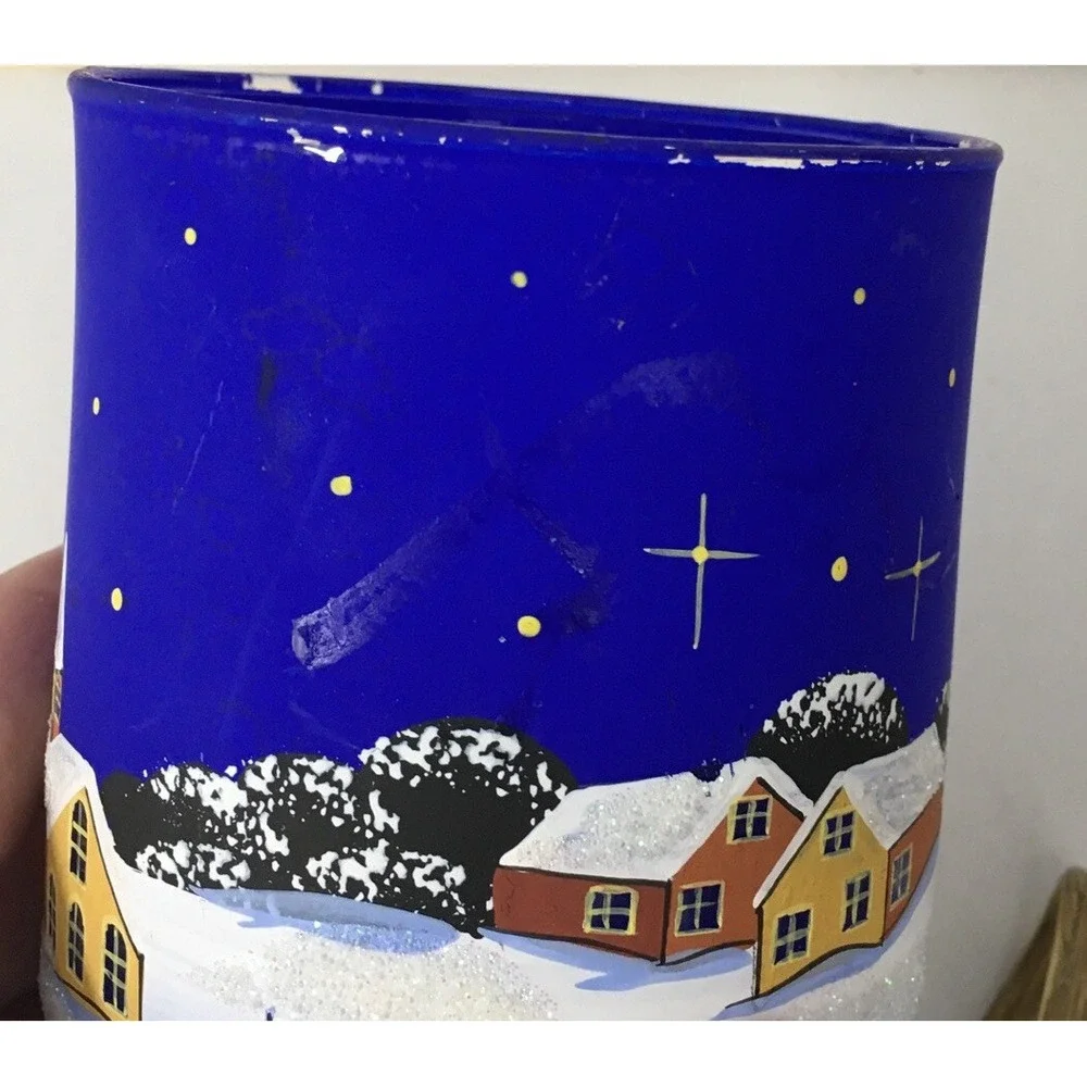 Votive Hand Painted Christmas Scenes Candle Holders Frosted‎ Cobalt Blue